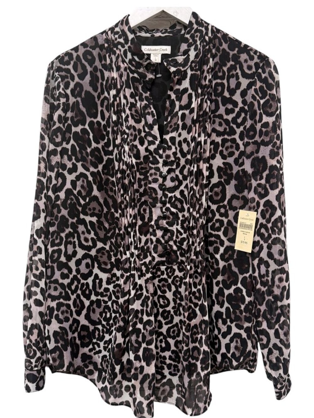 COLDWATER CREEK Leopard Print Blouse Size Large Chiffon Womens Tunic Top Black